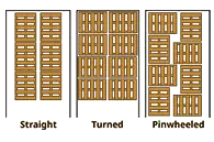 3 diagrams showing optional container box packing. Straight, Turned and Pinwheeled.